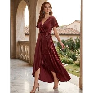 Baltic Born Burgundy Ribbed Velvet Wrap Maxi Dress XL Short Sleeve Wedding Guest